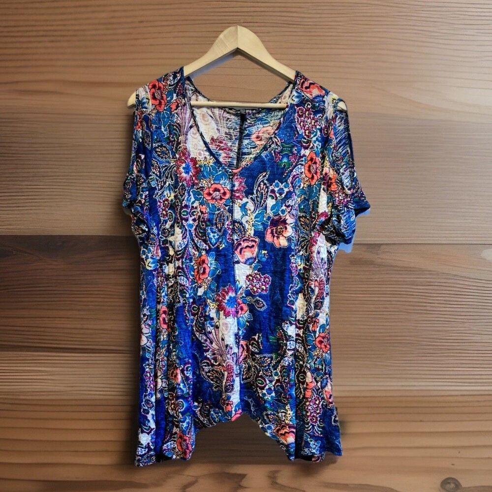 Cable & Gauge Floral Boho Tunic Top Womens 1X Blue Pink V Neck Short Sleeve